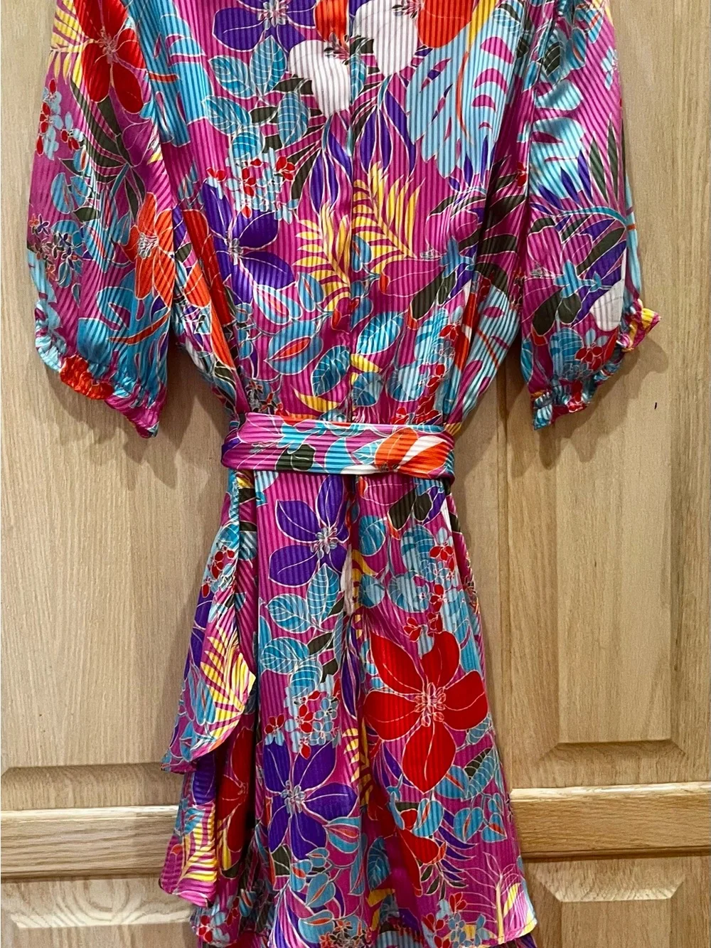 Tahari ASL Pink & Red Floral Wrap Mini Dress - Picture 3 of 6